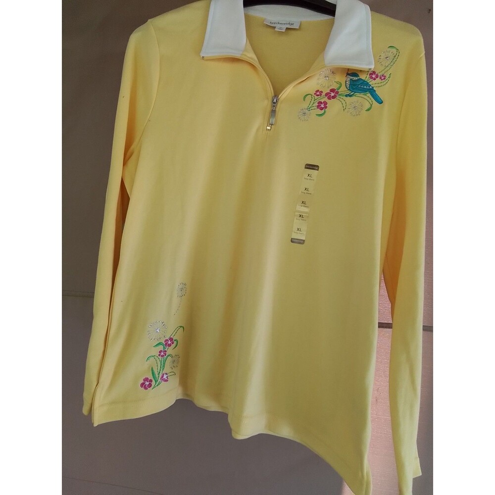 Breckenridge Women XL Yellow Quarter Zip Embroidered Bird Floral Long Sleeve Top